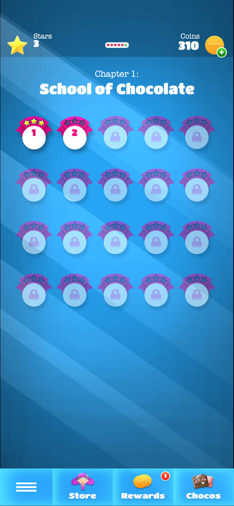 Choco Blocks Chocolate Factory - Level selection screen for Chapter 1 School of Chocolate in the Choco Blocks game