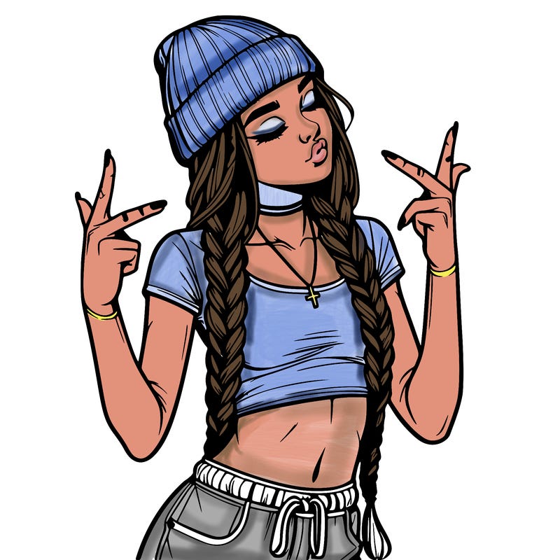 realistic teenage girl with braids and a beanie and crop top doing 🫶🏼