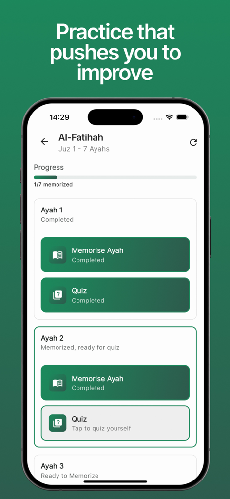 Mathani - Memorize Quran - Mathani app interface showing progress for memorizing Surah Al-Fatihah with ayah by ayah lessons and quizzes