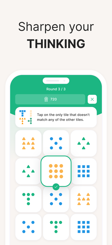 A pattern matching logic puzzle in the Propel ADHD app with the headline Sharpen your THINKING.