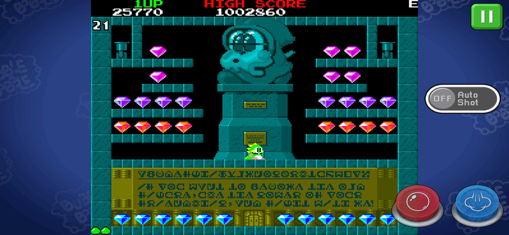 Gameplay screenshot of Bubble Bobble Classic showing a special level with a large statue and rows of colorful diamonds