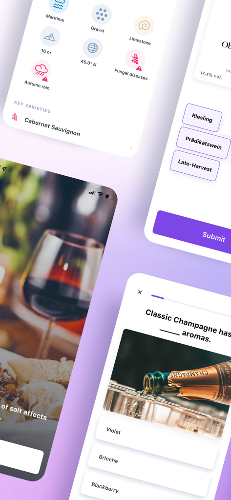 Collage of True Wine app screens showing wine education quizzes and regional climate data