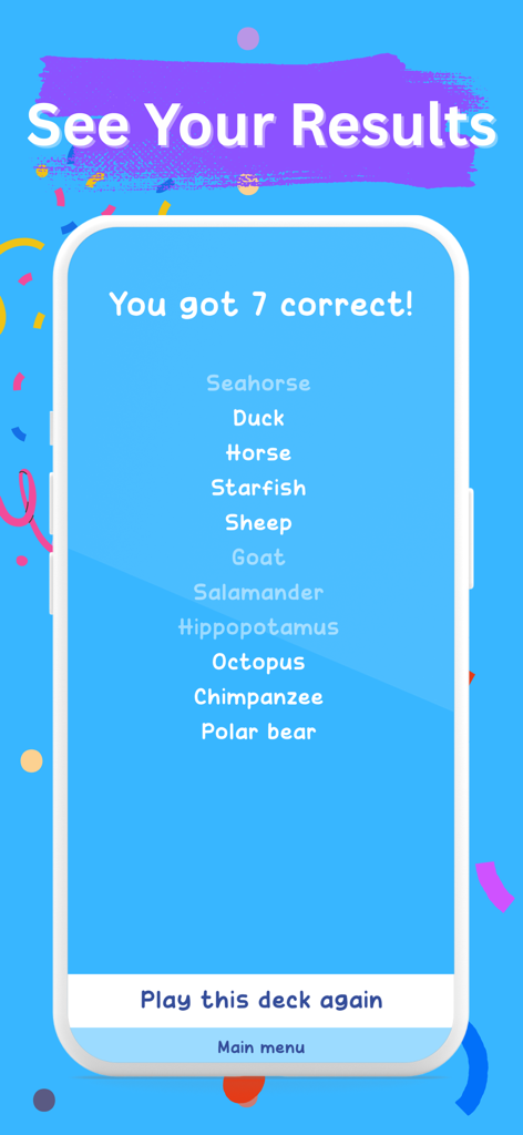 Charades: Guess the Word Game - Results screen for the Charades game showing a score of seven correct guesses for animal words.