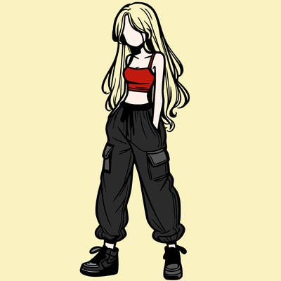 girl in baggy pants crop top and long hair