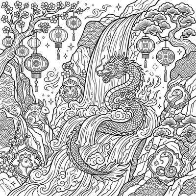 Dive into the festive spirit of Lunar New Year with this stunning coloring page, showcasing a magnificent dragon amidst a powerful waterfall. Explore intricate details including traditional lanterns, cherry blossoms, and zodiac animal symbols waiting for your creative touch.