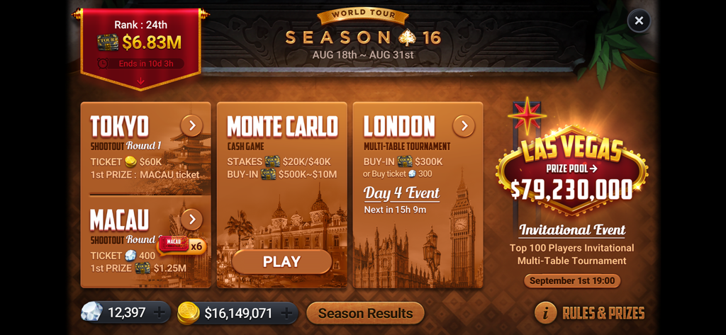 Poker Championship - Holdem - World Tour Season menu in Poker Championship showing tournament locations like Tokyo Monte Carlo and Las Vegas