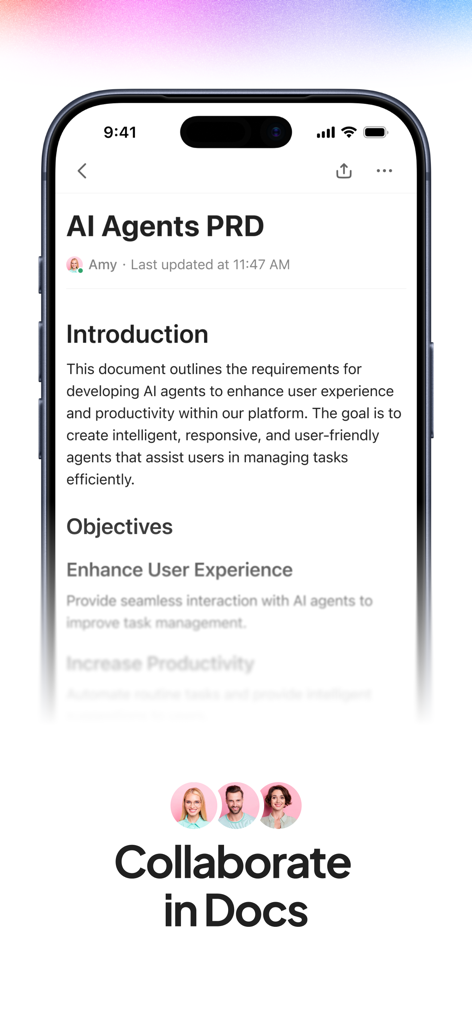 ClickUp mobile app interface showing a collaborative document titled AI Agents PRD with team member avatars