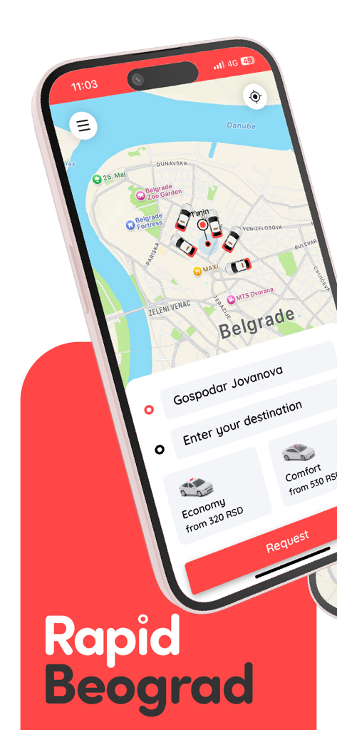 Rapid: Order a Ride - Una pantalla de smartphone que muestra la aplicación de transporte Rapid con un mapa de Belgrado y opciones de categorías de viaje.