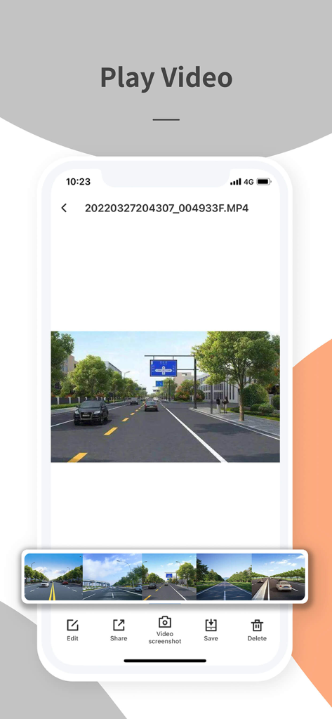 Wolfbox app interface showing dash cam video playback with options to edit, share, and save footage on an iPhone.