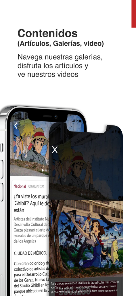 Pantalla de la aplicación Excélsior mostrando artículos de noticias y galerías de imágenes en un teléfono inteligente.