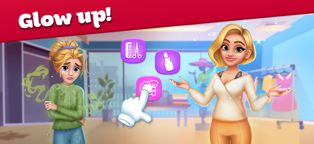 Cooking Stories: Fun cafe game - A character transformation showing a messy before and a glamorous after makeover with makeup and hair styling icons