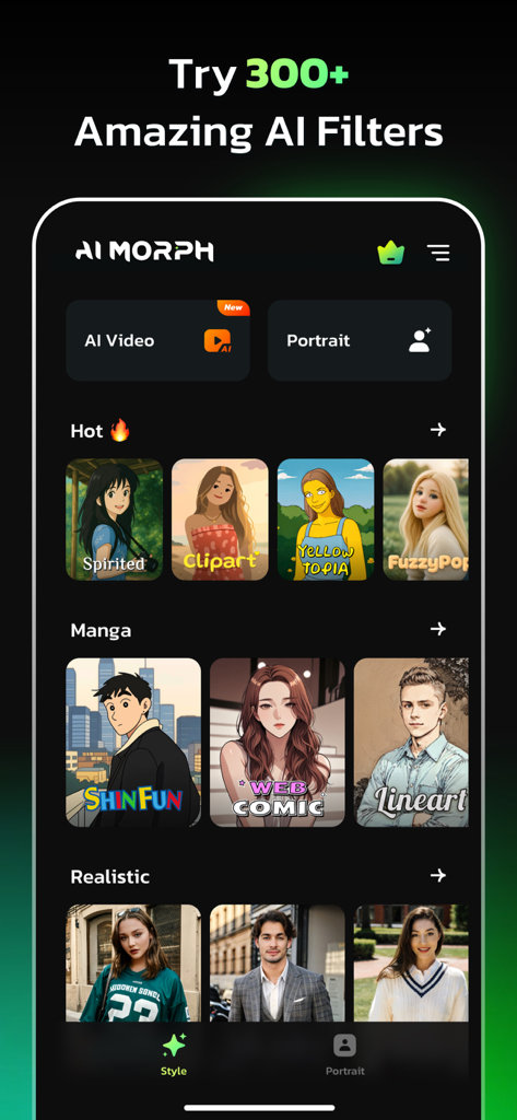 AI Photo Editor - AI Morph - AI Morph app interface displaying categories of AI filters including manga and realistic portraits
