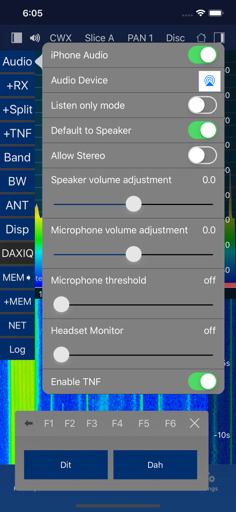 SmartSDR app interface showing audio configuration settings and a Morse code CW keyer with Dit and Dah buttons