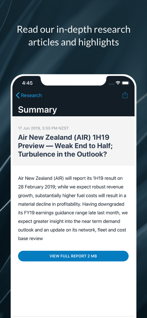 Forsyth Barr - A research article summary about Air New Zealand on the Forsyth Barr mobile app