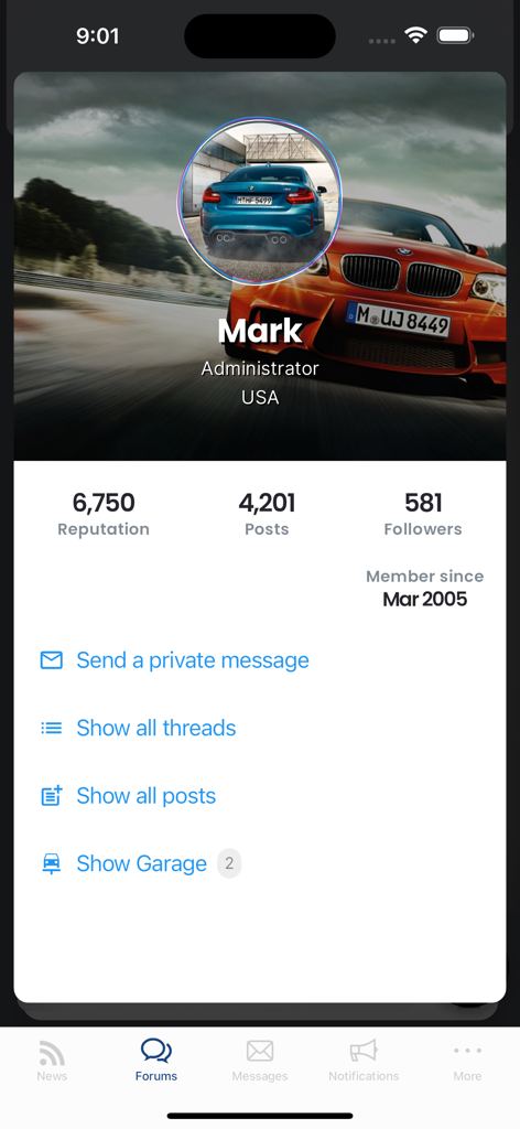 Captura de pantalla de la aplicación Bimmerpost mostrando un perfil de usuario con estadísticas de reputación y foro