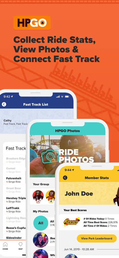 Hersheypark - Screenshots of the Hersheypark app HPGO interface showing ride stats, group photos, and Fast Track management.