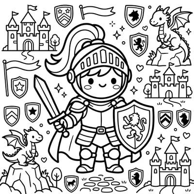 Prepare for an epic yet adorable quest with this charming Kawaii Medieval Knight coloring page, perfect for bringing a smile to any artist's face. Featuring a brave, smiling knight surrounded by friendly dragons and majestic castles, this design promises hours of delightful coloring fun.