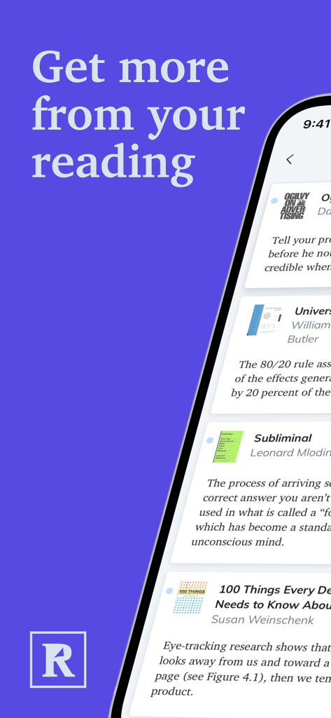 Readwise - Readwise mobile app interface displaying curated book highlights with the slogan Get more from your reading