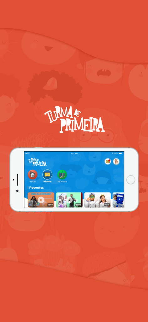 iPhone zeigt die Benutzeroberfläche der Turma de Primeira App mit Kategorien für christliche Videos und Musik für Kinder.