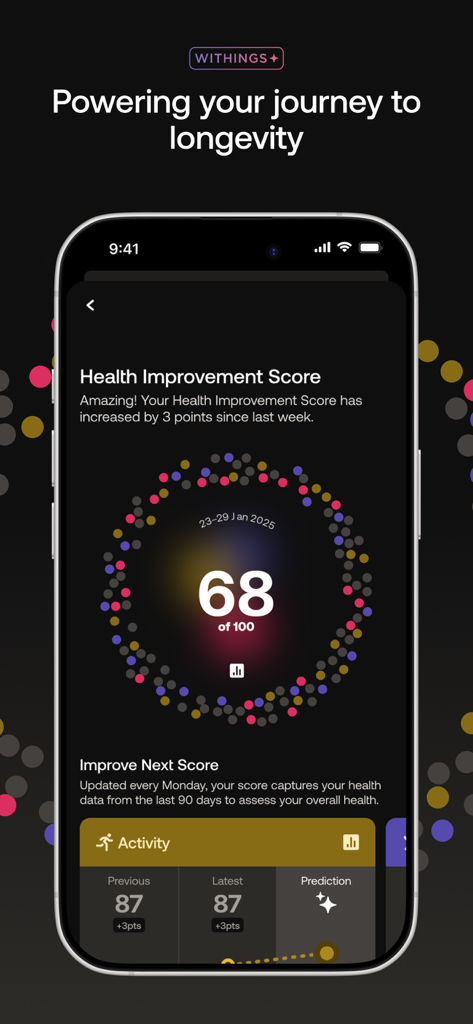 Withings - Withings App Dashboard zeigt einen Health Improvement Score von 68 und Aktivitäts-Tracking-Metriken