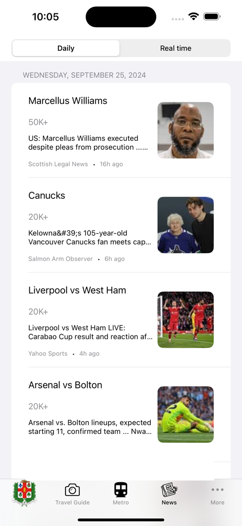 스포츠 및 현재 이벤트 헤드라인을 특징으로 하는 몬트리올 가이드 앱의 뉴스 섹션