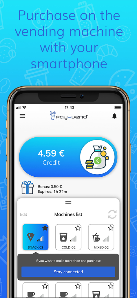 Pay4Vend mobile app interface showing digital credit balance and available vending machines