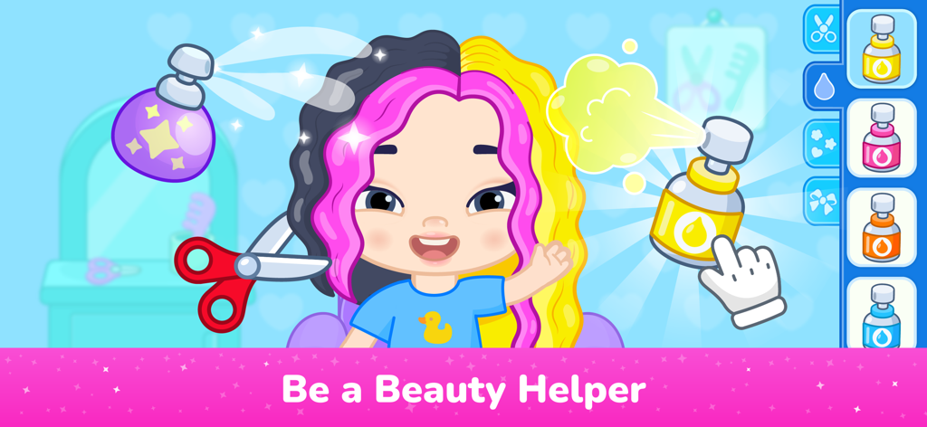 A young girl character in a hair salon game being styled with colorful hair spray