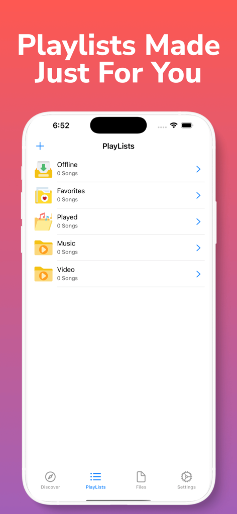 Screenshot of the Playlists screen in the Offline Player app showing categories for offline music, favorites, and videos.