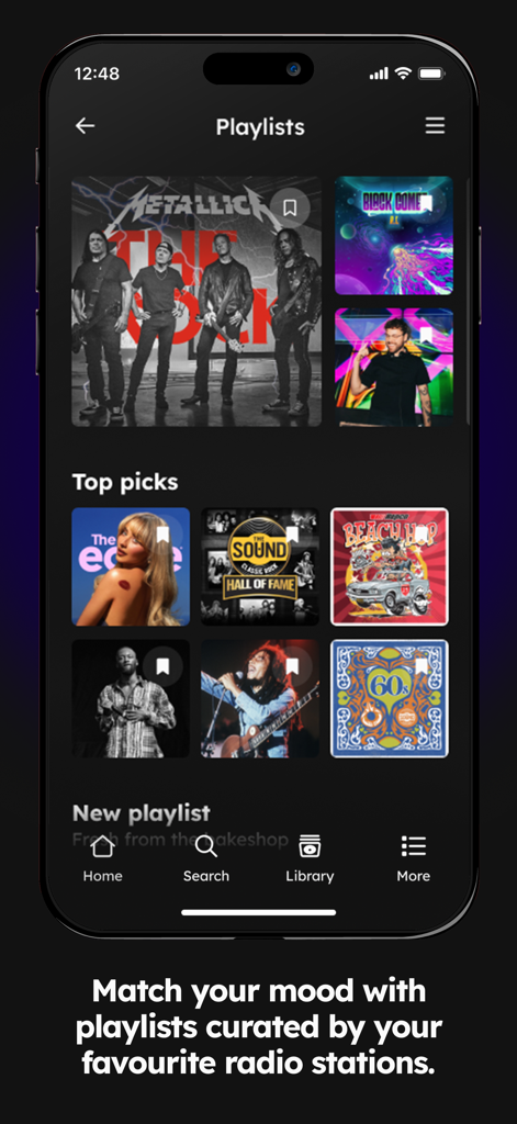 The rova app playlists screen showing curated music collections and radio station picks.