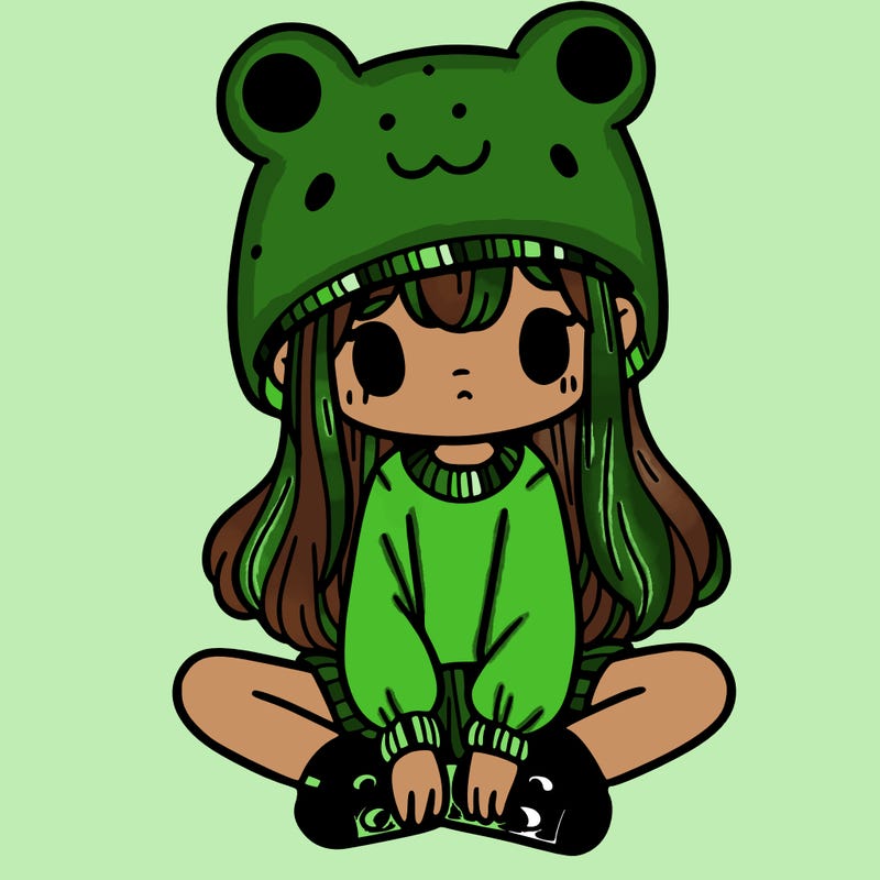 a girl wearing a frog hat and some frog socks