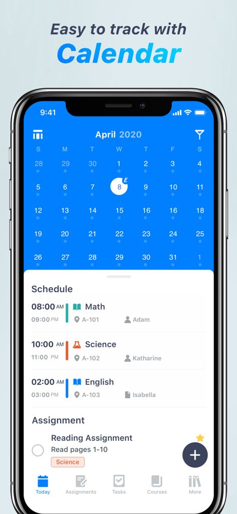 Pocket Schedule Planner - Écran d'iPhone montrant un calendrier mensuel et un emploi du temps quotidien avec des cours de mathématiques, de sciences et d'anglais