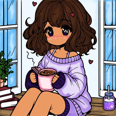 cute anime girl reading book and drinking hot chocolate from mug with loose wavy hair wearing a baggy sweatshirt and shorts sitting by windowsill looking out