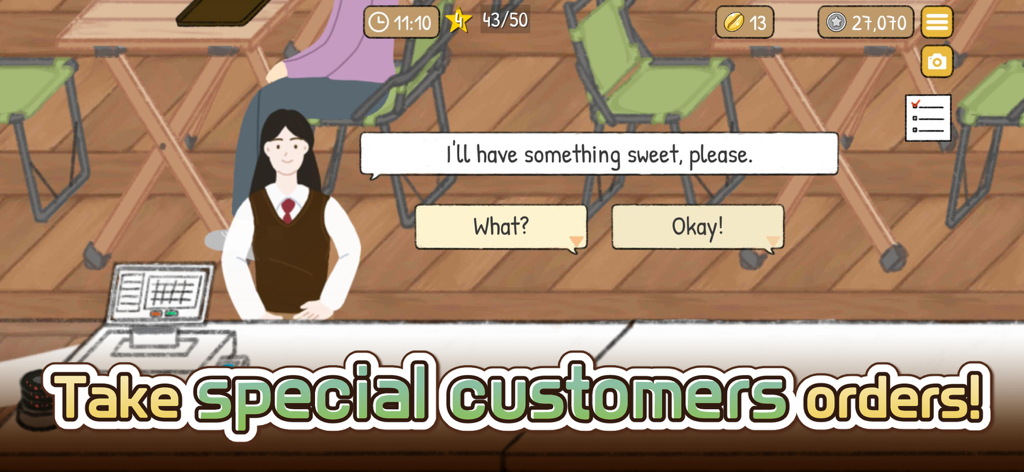 Tiny Coffee Shop Story - A hand-drawn style mobile game screenshot of a customer at a cafe counter ordering a sweet drink with dialogue options.