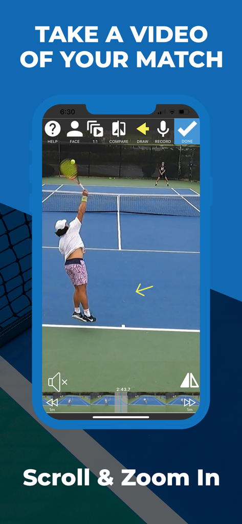 Full Court Tennis - Full Court Tennis app interface for recording and analyzing a tennis match video.