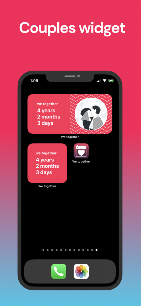 Couples relationship counter widget on a smartphone home screen showing time spent together