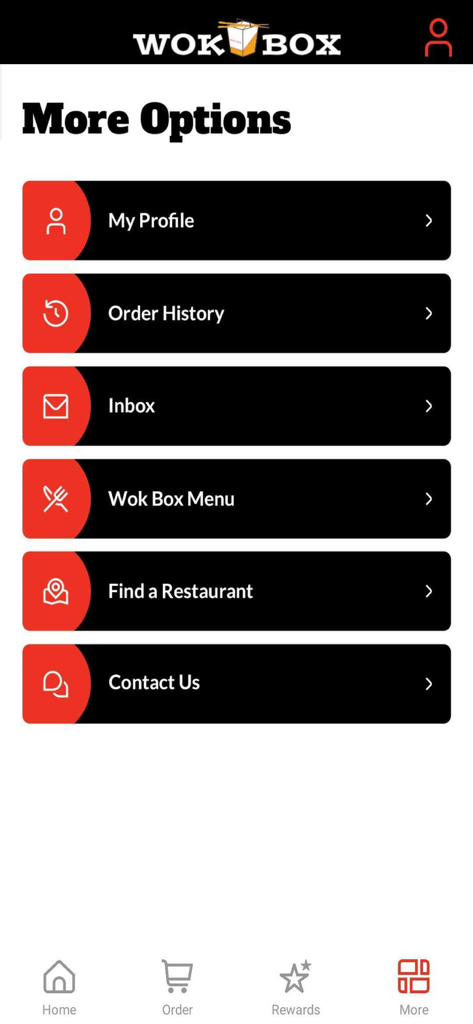 Wok Box® Canada - Écran du menu de l'application mobile Wok Box Canada montrant les options pour mon profil, l'historique des commandes, la boîte de réception et le localisateur de restaurant