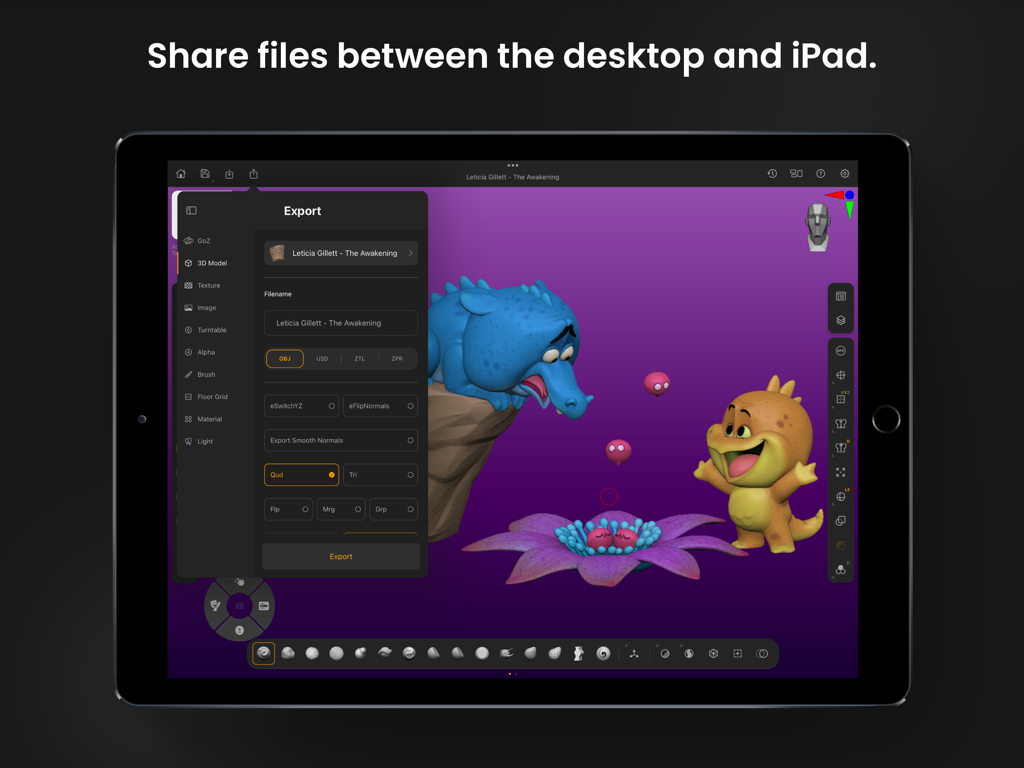 Menu de exportação do ZBrush para iPad mostrando opções de formato de arquivo e uma cena esculpida em 3D