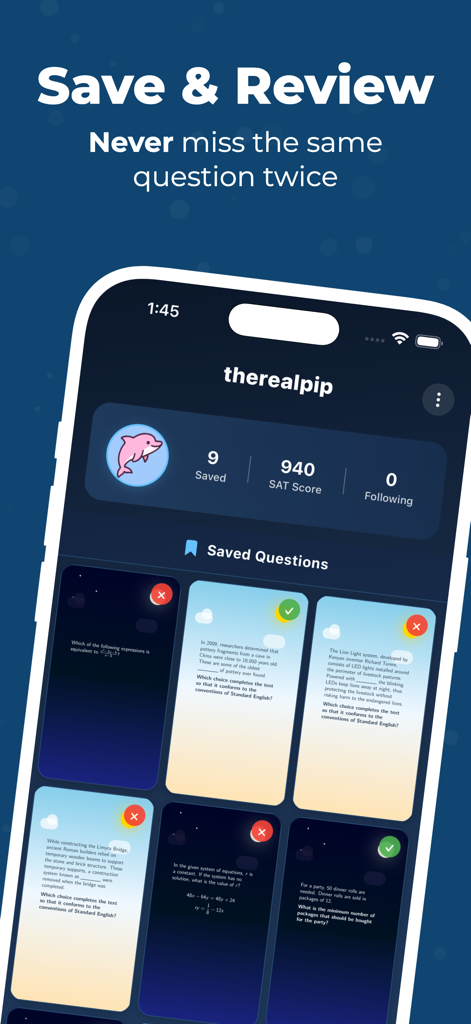 Dolphin: Digital SAT Test Prep - User profile interface showing saved SAT practice questions and current score in the Dolphin app.