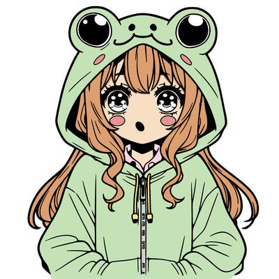 girl with anime eyes and a frog hoodie