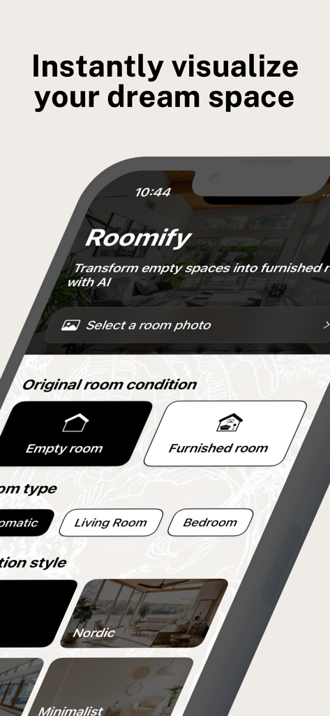 Interior Design AI: Roomify - Roomify app interface for choosing room type and interior design styles