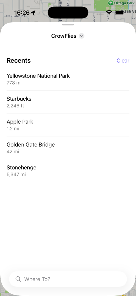 Simple Direction Navigator - Minimalist navigation app screen showing recent search history and distances to locations.