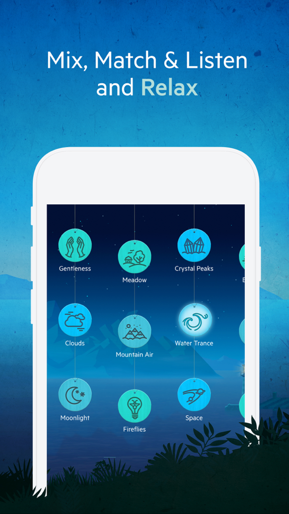 Relax Meditation P: Mindfulness Sounds White Noise - モバイルアプリのインターフェース。Meadow、Clouds、Mountain Airなどの選択可能なリラクゼーションサウンドのグリッドが表示されています。