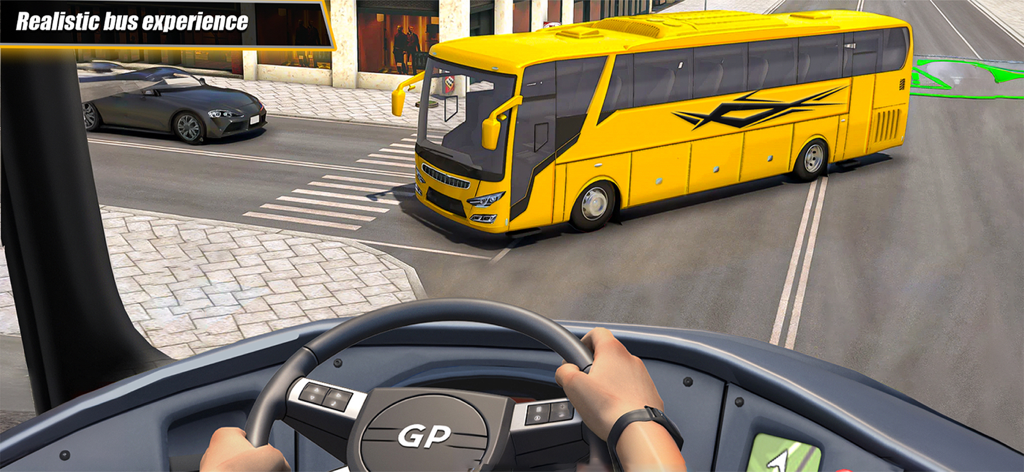 US Bus Simulator Coach Games - Una perspectiva de conducción en primera persona de un autocar amarillo en una calle de la ciudad en US Bus Simulator.