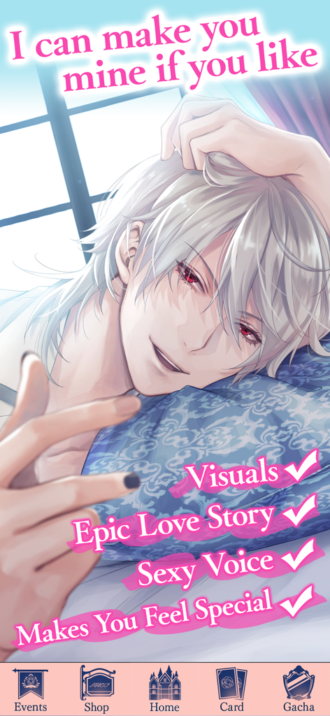 Silberhaariger Anime-Prinzencharakter, der im Ikemen Prince Otome Game auf einem Bett liegt