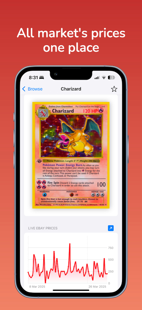 CatchEm app interface displaying Charizard card value and market trends graph