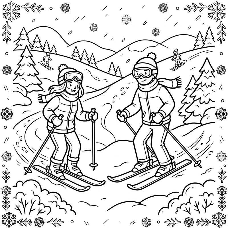 Dive into a delightful winter scene with our beginner skiers coloring page, where two cheerful friends are ready to learn the ropes on gentle, snowy slopes. This enchanting illustration captures the magic of a crisp winter day, complete with falling snowflakes and majestic pine trees.