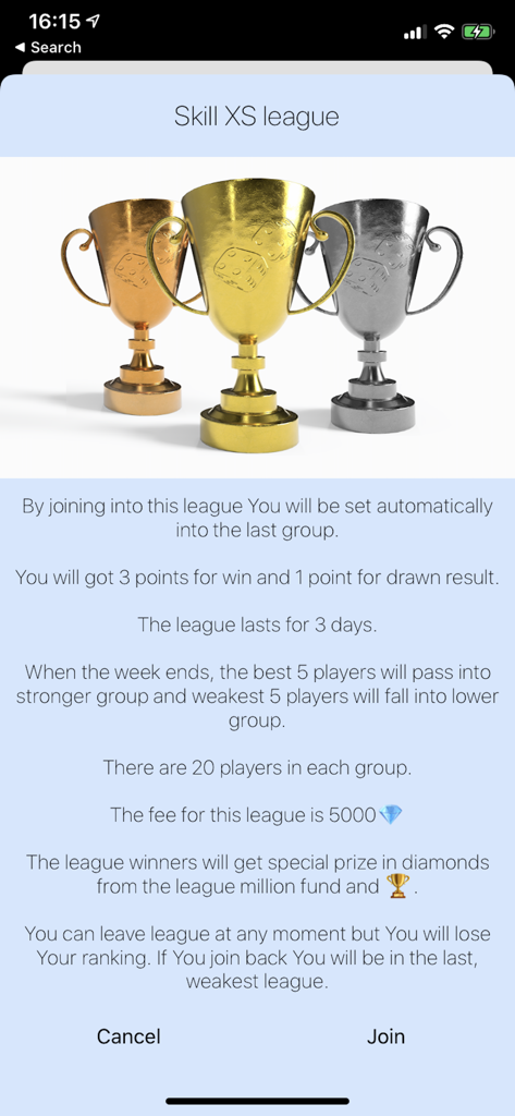 Joining screen for the Skill XS league in Yamb dice game showing entry rules and trophies.