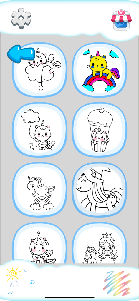 Kawaii Unicorn: Coloring World - Tela de seleção mostrando várias páginas para colorir de unicórnios e princesas fofas no aplicativo Kawaii Unicorn