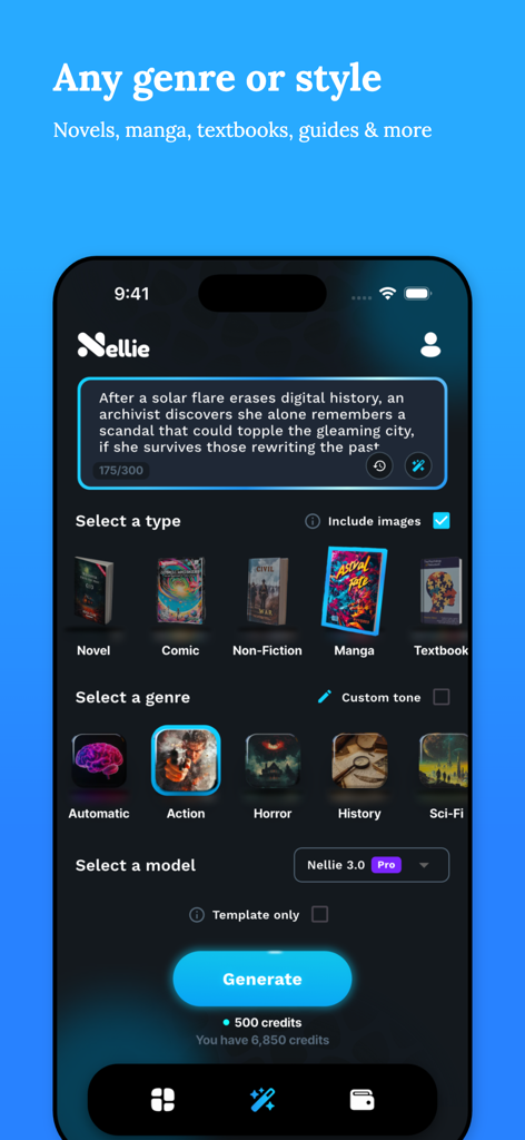 AI Book Writer - Nellie - Interface of the Nellie AI Book Writer app showing options to select book types like manga or novels and various genres for AI generation