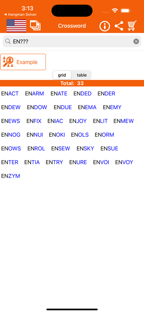 Une liste de mots de cinq lettres commençant par EN générée par une recherche avec jokers dans l'application Résolveur de Mots Croisés.